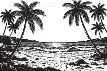 Vintage hand-drawn beach scene featuring palm trees, ocean waves