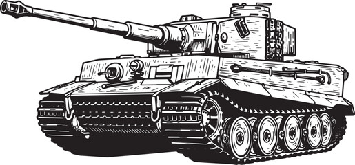 Obraz premium Detailed black and white illustration of a German Tiger tank, mi