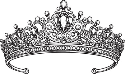 Detailed Black and White Illustration of a Royal Crown with Jewe