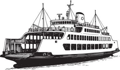 Fototapeta premium Black and white illustration of a ferry boat on the water transp