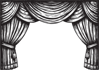 Elegant hand-drawn theater curtain illustration in black and whi