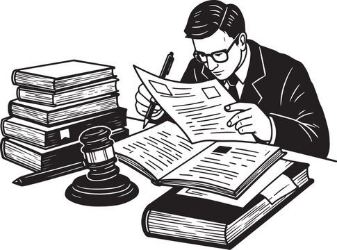 Legal professional reviewing documents and books with a gavel on