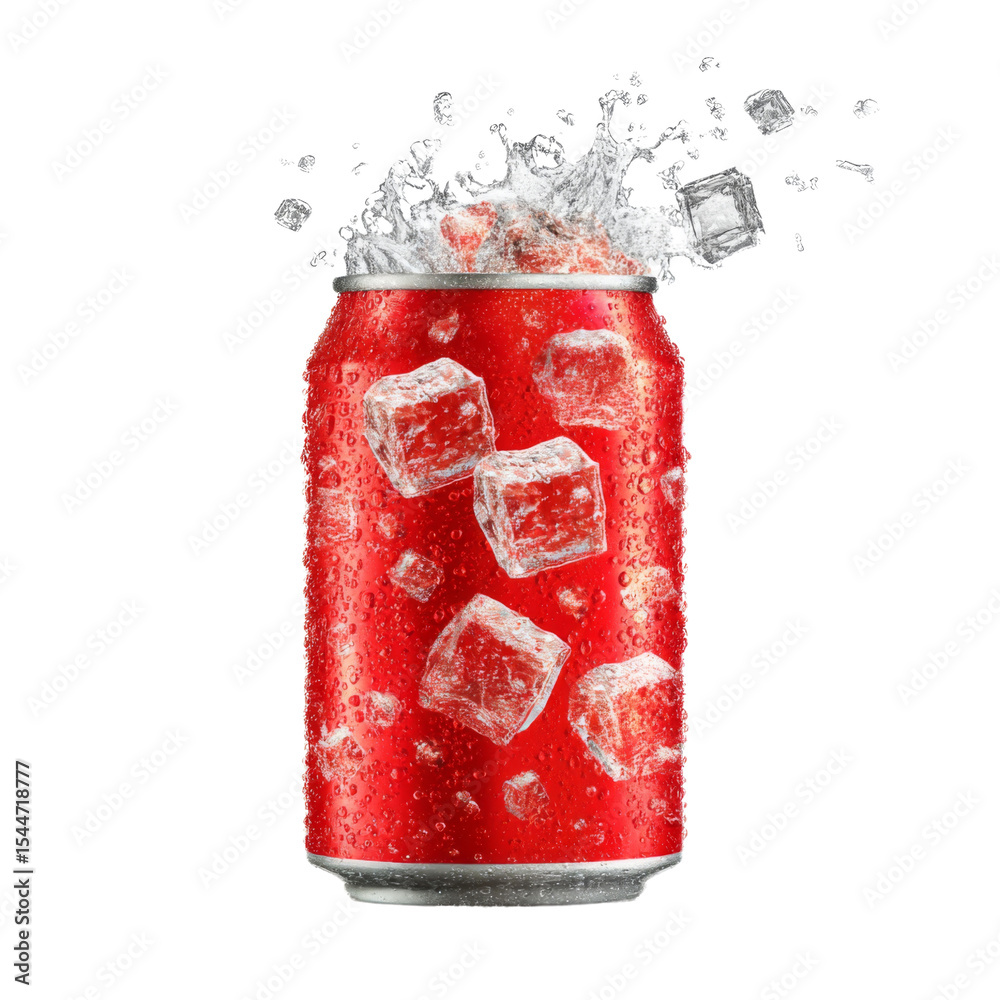 Poster refreshing soda can with ice cubes splashing in cold liquid, creating vibrant and energetic scene. Perfect for summer drinks or party themes