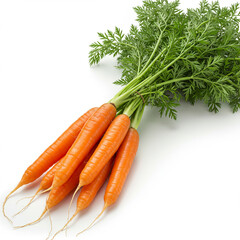 Fresh orange carrots with green tops on white background  