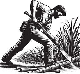 Sugarcane harvest: a laborer's toil depicted in graphic woodcut