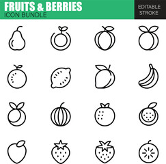 Editable Flat Design Icons of Fresh Fruits and Juicy Berries for Organic Food Products, Vegan Recipes, Mobile Apps, Grocery Stores, and Healthy Diet Projects
