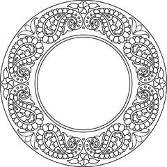 Black outline paisley motifs round ornament frame.