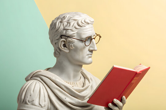 Classical marble statue wearing glasses and reading a red book against a pastel background, symbolizing modern intellect