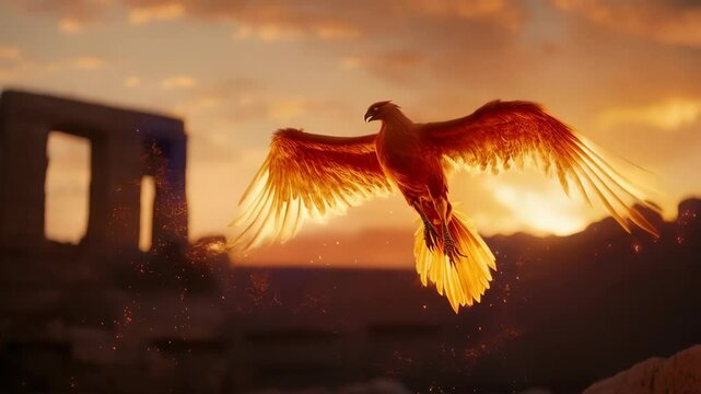 Magical fire phoenix bird silhouette with glowing wings flying in sunset sky near ancient ruins. Fantasy mystical creature in golden light. Digital art for game concept
