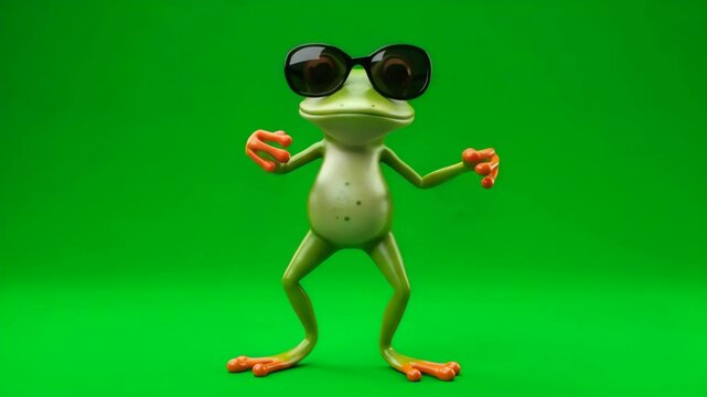 Cool Frog Dancing on Green Screen - A fun, cartoon frog wearing sunglasses dances against a bright green screen.  The frog is rendered in 3D and has a playful expression.