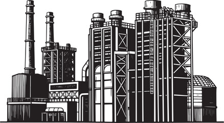 Illustration of a factory or industrial plant in a black and whi