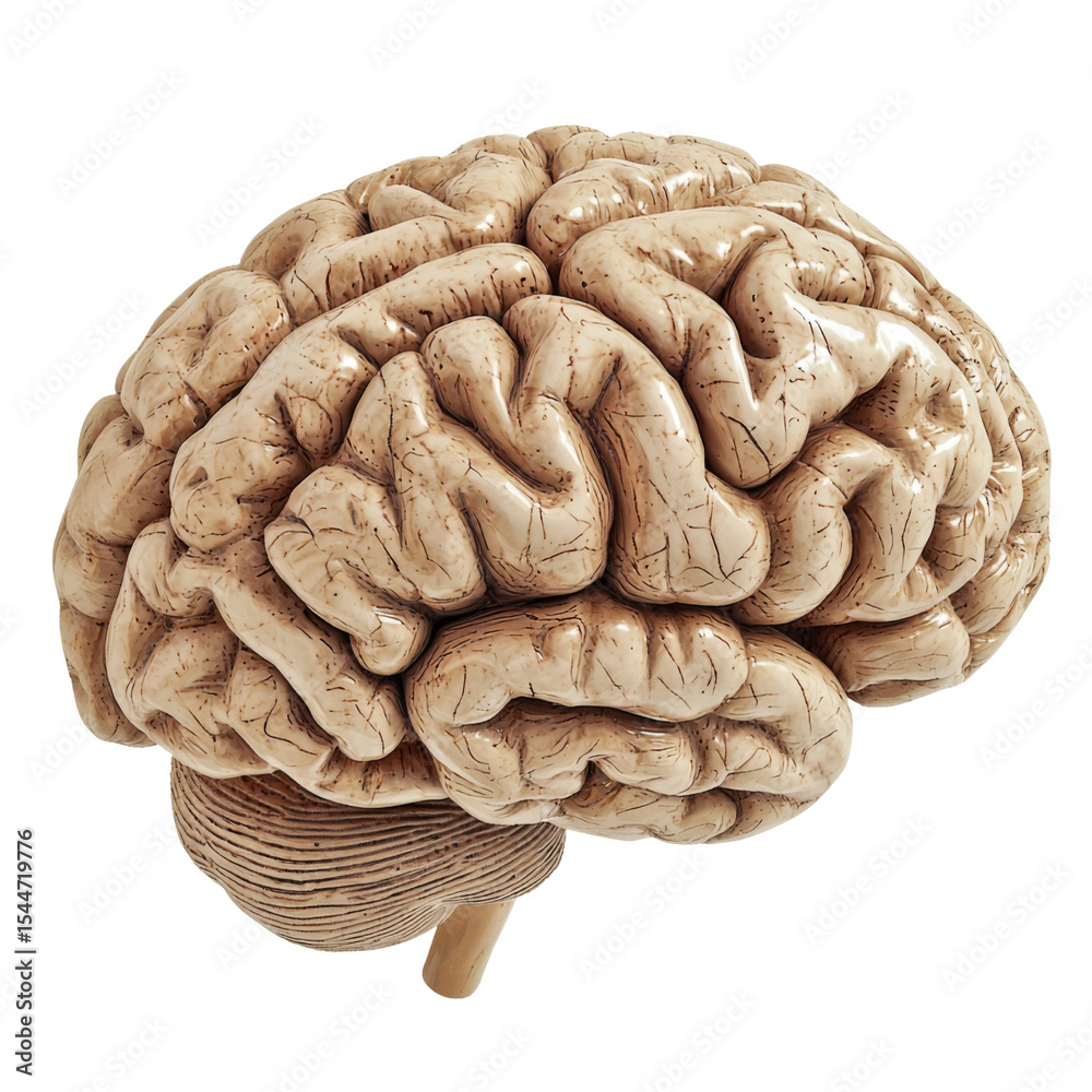 Poster detailed anatomical model of human brain showcasing its intricate folds and structures, emphasizing complexity of organ. This representation highlights brain unique features and textures