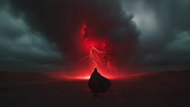 Mysterious silhouette in dark cloak standing before dramatic red lightning storm. Apocalyptic landscape with thunderbolt striking ground. Fantasy artistic concept for book cover design