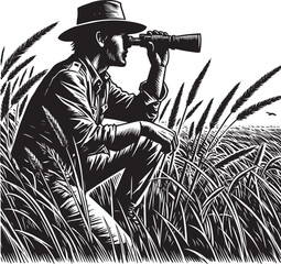 Vigilant observer in high grass with binoculars under a bright s