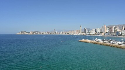 Benidorm, Spain - August 19, 2023: Panoramic view of the Poniente beach in the city of Benidorm, Spain