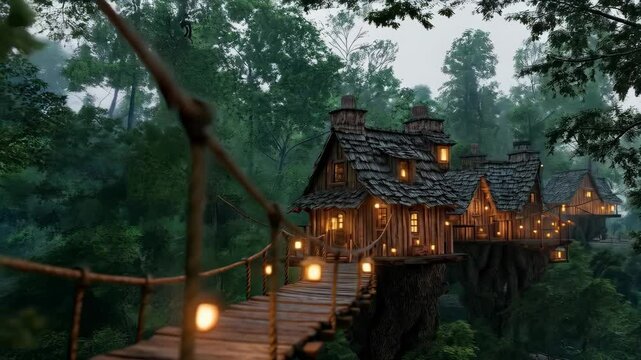 Magical tree house village with glowing lanterns and string lights on wooden bridges in misty forest. Evening fairy tale landscape for nature resort and romantic getaway concept