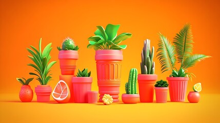 Obraz premium Vibrant potted plants, citrus fruits, orange background, 3D render, home decor