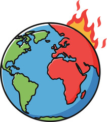 Cartoon Earth Globe on Fire Illustration
