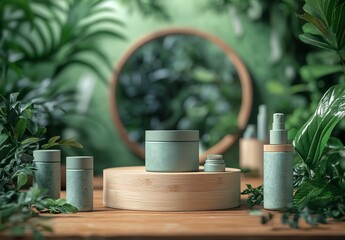 Natural skincare products arranged in a green, lush environment.