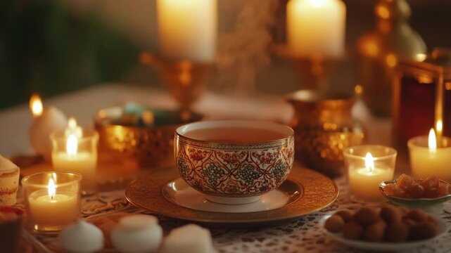 A beautifully arranged table with a decorative bowl, candles, and various sweets.