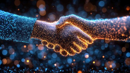 Digital handshake, agreement, global connection, abstract technology background. Possible use stock photo