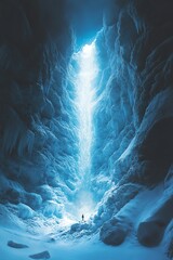 Mysterious icy cavern illuminated by a bright shaft of light.