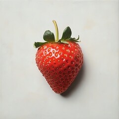 Bright red strawberry with leaves against a light background.