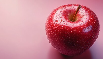 Shiny red apple with water droplets on a soft pink background.