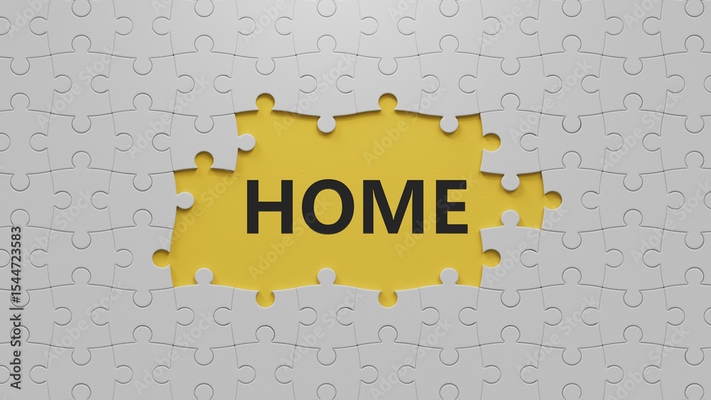 Poster home.the white puzzle pieces with missing pieces spelling.flat lay view from above on the white puzz