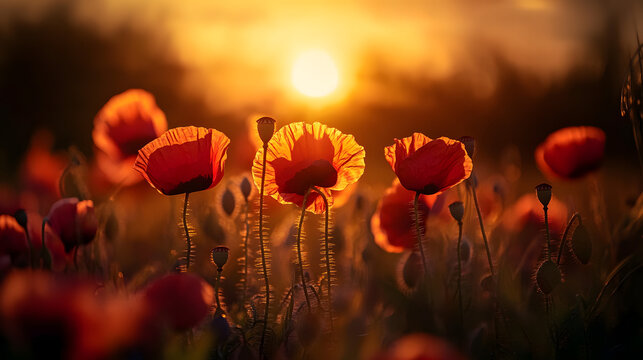 A close-up of wild poppies against the backdrop of a golden sunset, the red petals illuminated by the warm sunlight, creating a mesmerizing glow.