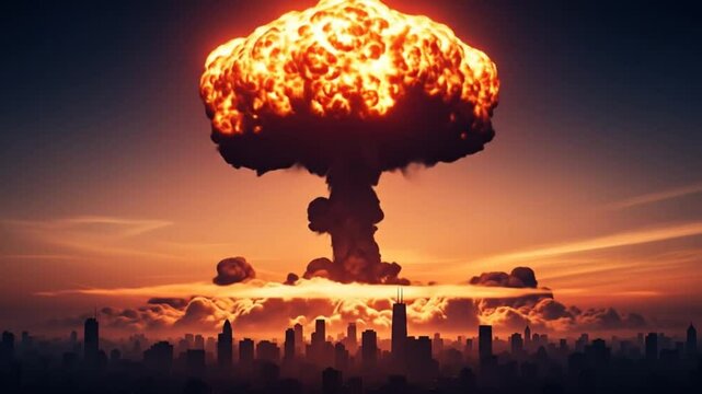 Nuclear Explosion Ignites Above Cityscape, creating a dramatic illustration with a mushroom cloud, signifying destruction and disaster, emphasizing the apocalyptic concept.