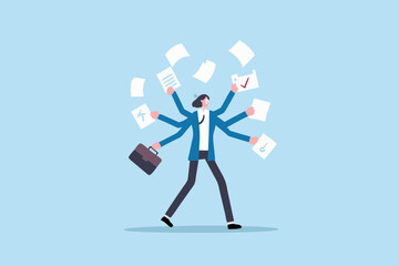 Businesswoman with multiple arms juggling documents multitasking and time management concept busy female employee handling many tasks at once