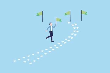 Woman Running Towards Goals Marked by Flags and Footprints Representing Progress and Achievement on a Light Blue Background