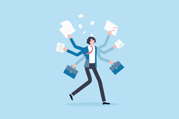 Overwhelmed Businessman with Multiple Arms Handling Documents and Briefcases Illustrating Multitasking and Stress in a Fast Paced Corporate Environment