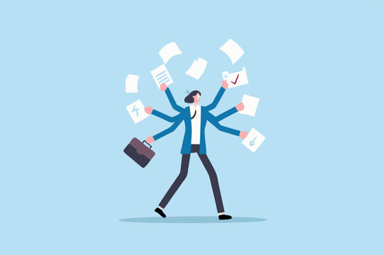 Businesswoman with multiple arms juggling documents multitasking and time management concept busy female employee handling many tasks at once
