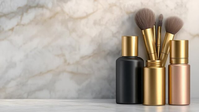 Sleek Refillable Cosmetic Bottles and Makeup Brushes Flatlay Design