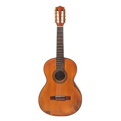 Obraz premium vintage acoustic guitar with warm wooden finish, showcasing its unique character and craftsmanship. Perfect for music lovers and collectors