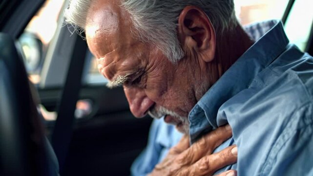 An elderly man became ill at the wheel, holding his heart.