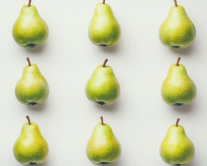 Patterned arrangement of green pears on a light background.