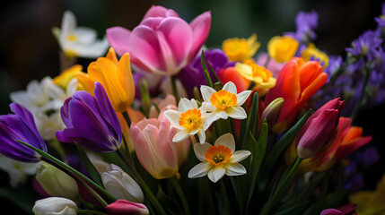 Fototapeta premium A colorful bouquet of mixed spring flowers including tulips and daffodils.