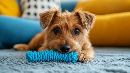 Plakat Cute small dog playing with a blue chew toy indoors at home
