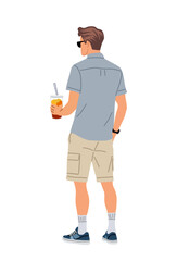 Young man in casual summer clothes and sunglasses, rear view, holding a refreshing drink. Relaxed vacation or beach vibe. Vector illustration isolated on transparent background