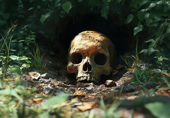 Skull partially buried in dirt with surrounding greenery.