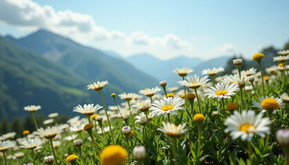 A close-up view of a field of white daisies flourishing in a mountain meadow.