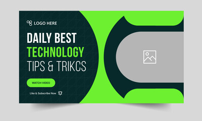 Daily technology tips and tricks video thumbnail banner design, daily photography learning tips and techniques video cover banner design, editable vector eps 10 file format