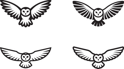 Four Black and White Stylized Owls in Flight bird birds