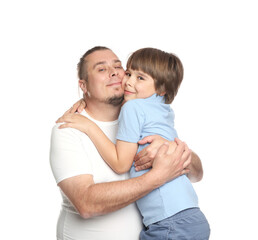 Father with his son on white background
