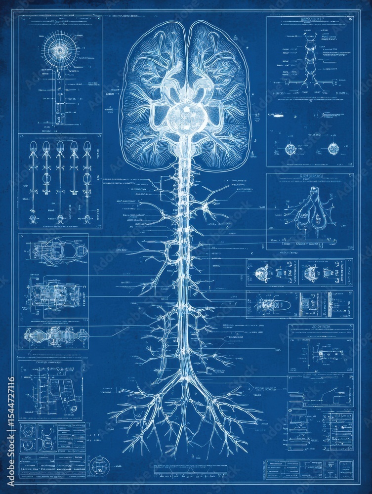 Poster detailed blueprint layout of the human nervous system showcasing intricate connections and structure