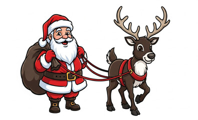 Cartoon Santa Claus with reindeer on white background