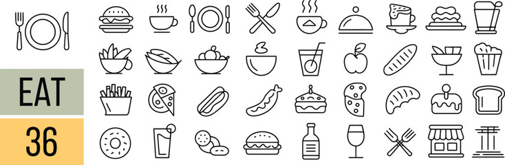 Food and drink icons in black line style